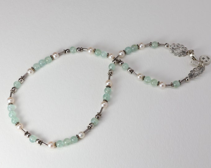 Ocean Precious Bead Necklace, Aquamarine, Freshwater Pearl, Sterling Silver, One of a Kind