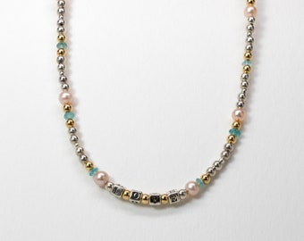 Love Bead Necklace, Sterling Silver, Gold Filled, Fresh Water Pearl, Fine Apatite