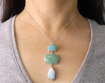 Large One of a Kind Sky & Ocean Necklace, Amazonite, Aventurine, Larimar, Argentium Silver