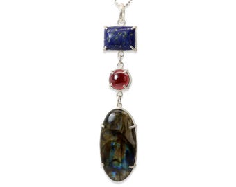One of a Kind Large Stone Statement Necklace, Labradorite, Lapis Lazuli, Garnet, Sterling Silver