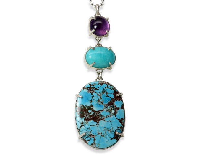 One of a Kind Large Stone Pendant, Dyed Howlite, Amazonite, Amethyst,  Sterling Silver