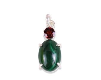 Double Stone Drop Charm, Malachite, Garnet , 940 Argentium Silver