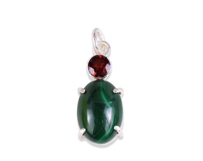 Double Stone Drop Charm, Malachite, Garnet , 940 Argentium Silver