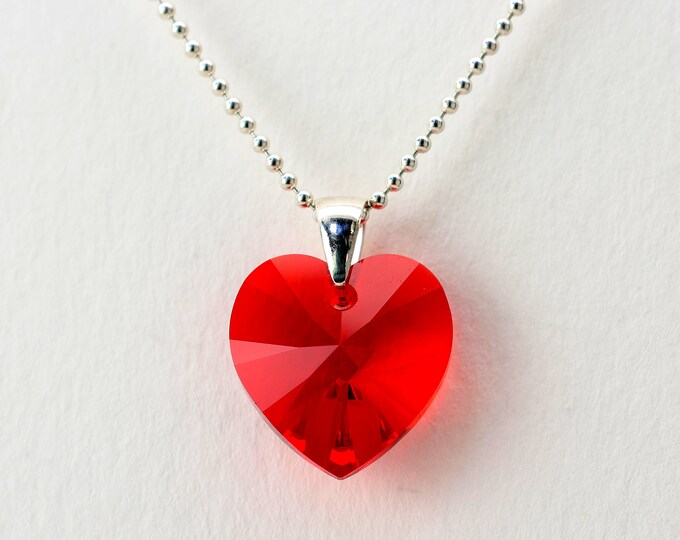 Red Heart Crystal Necklace, Lead Free Swarovski Crystal, Sterling Silver