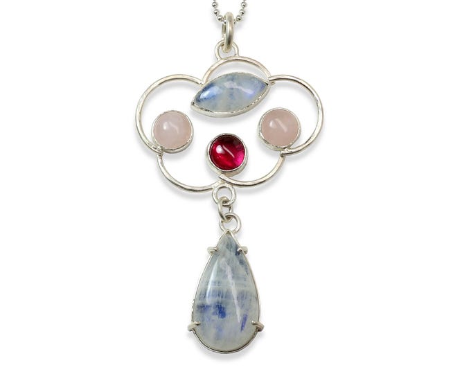 One of a Kind Rosy Cloud Necklace, Rainbow Moonstone, Rosy Quartz, Lab Created Ruby, Argentium Silver