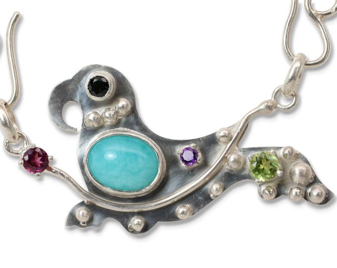 One of a Kind Bird Pendant with Handmade Ocean Wave Chain, Amazonite, Peridot, Rhodolite, Amethyst, Black Spinel, Argentium Silver