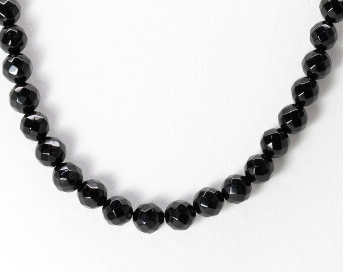 Bold Black Onyx Bead Necklace,  Faceted Black Onyx, Darkened Sterling Silver