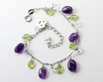 Garden Lover Bracelet, Amethyst, Rocky Crystal, Peridot, Sterling Silver, adjustable