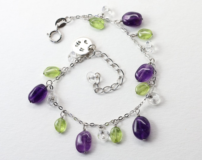 Garden Lover Bracelet, Amethyst, Rocky Crystal, Peridot, Sterling Silver, adjustable