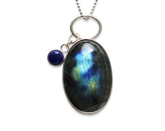 One of a Kind Large Stone Statement Necklace, Labradorite, Lapis Lazuli, Sterling Silver