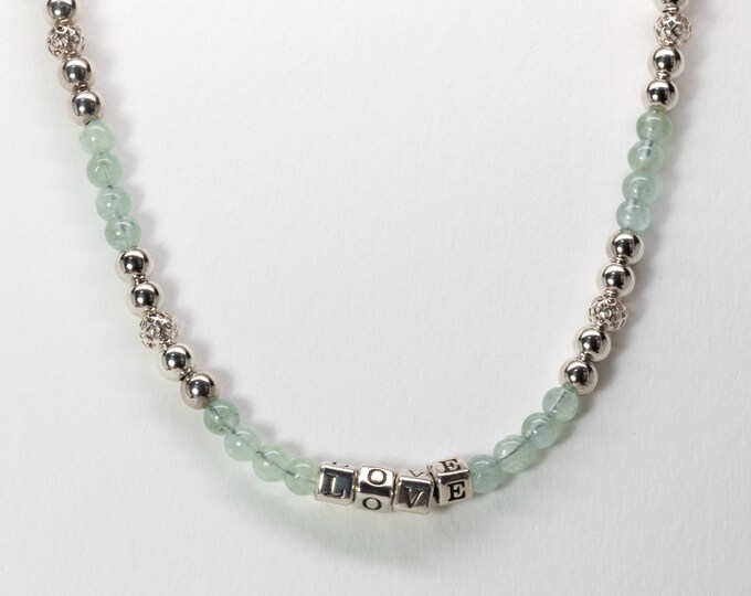 Love Bead Necklace, Sterling Silver, Fine Aquamarine