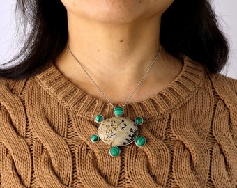 Forest Green Pendant/Brooch, Malachite, Artistic Dendrite, Argentium Silver