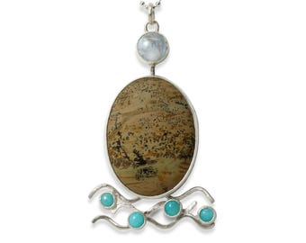 One of a Kind River and Moon Necklace, Moonstone, Dendrite, Amazonite, Argentium Silver