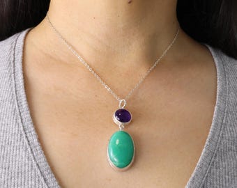 One of a Kind Gemstone Pendant, Green Onyx, Amethyst, 940 Argentium Silver