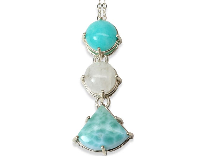 One of a Kind Sky & Ocean Necklace, Amazonite, Rainbow Moonstone, Larimar, Sterling Silver