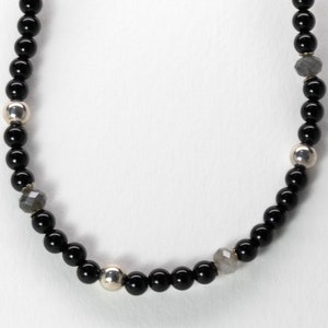 Black Onyx Bead Necklace: Sterling Silver, Laboridite Accent (16-18 inch Adjustable)