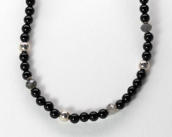 Black Onyx Bead Necklace: Sterling Silver, Laboridite Accent (16-18 inch Adjustable)