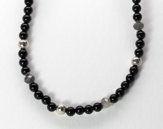 Mini Black Stone Bead Necklace, Black Onyx, Laboridite, Sterling Silver, 16 to 18 inches Adjustable