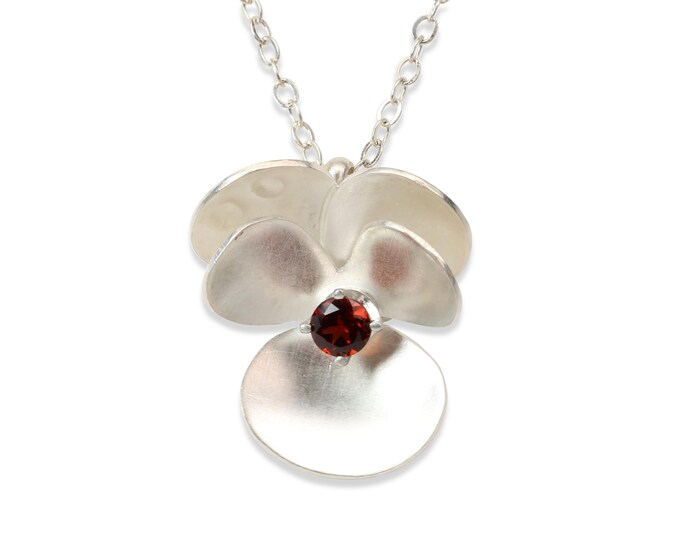 Wild Pansy Flower Necklace, Garnet, Sterling Silver