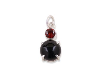 Double Stone Drop Charm, Black Onyx, Garnet , 940 Argentium Silver