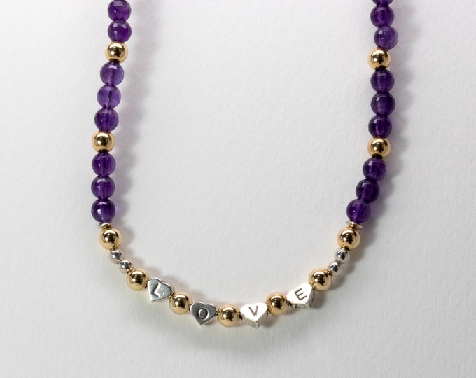 Heart LOVE Bead Necklace, Royal Purple Amethyst, Gold Filled, Sterling Silver, 16 to 18 inches Adjustable