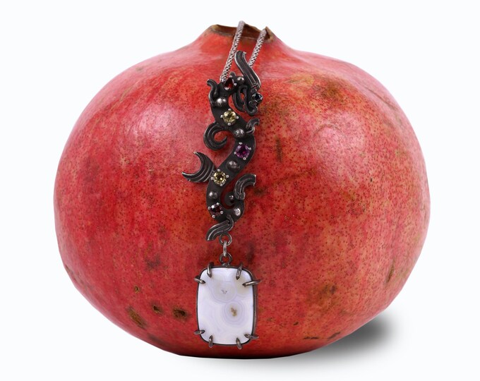 One of a Kind Black Dragon Necklace, Rhodolite, Garnet, Citrine, Ocean Jasper, Argentium Silver