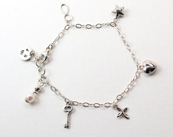 Love Charms Bracelet, Natural Fresh Water Pearl, Sterling Silver, Adjustable