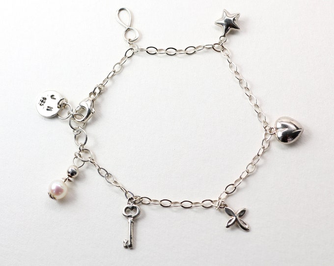 Love Charms Bracelet, Natural Fresh Water Pearl, Sterling Silver, Adjustable