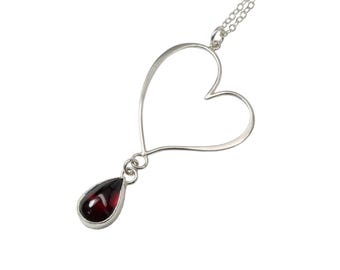Large Heart Necklace, Garnet, Sterling Silver