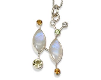 Galaxy Necklace, Rainbow Moonstone, Golden Citrine, Peridot, Lemon Quartz, Topaz, Argentium Silver