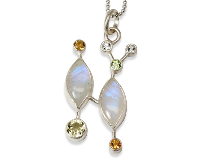 Galaxy Necklace, Rainbow Moonstone, Golden Citrine, Peridot, Lemon Quartz, Topaz, Argentium Silver