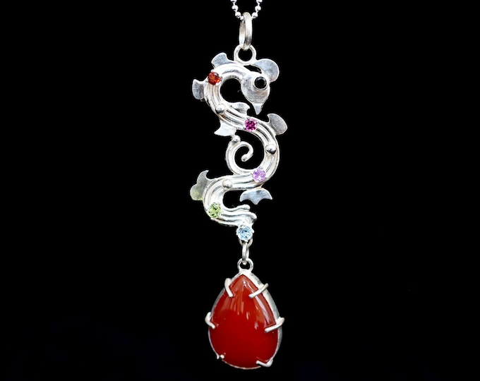 One of a Kind Phoenix on Fire Necklace, Spinel, Rhodolite, Garnet, Amethyst, Peridot, Topaz, Carnelian, Sterling Silver