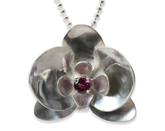 Sterling Silver Moth Orchid Necklace, Rhodolite Garnet