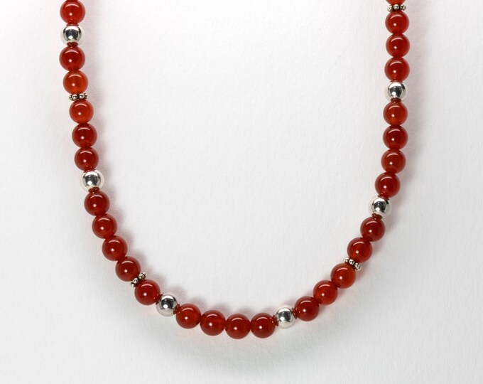 Red Carnelian Bead Necklace, Carnelian, Sterling Silver, 16 to 18 inches Adjustable