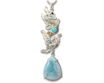 One of a Kind Ocean Dragon Necklace, Topaz, Citrine, Black Spinel, Amazonite, Larimar, Argentium Silver