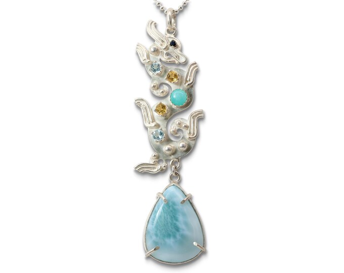 One of a Kind Ocean Dragon Necklace, Topaz, Citrine, Black Spinel, Amazonite, Larimar, Argentium Silver