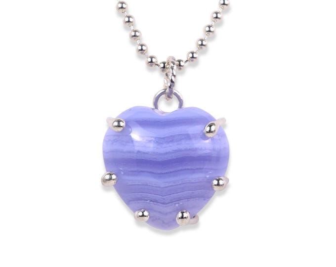 Lavender Puff Heart Necklace, Blue Lace Agate, Sterling Silver