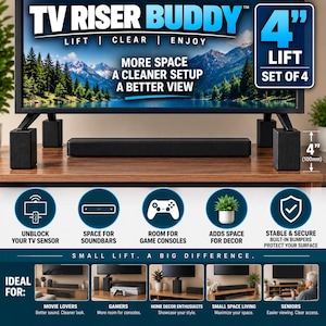 May include: A set of four black TV Riser Buddy blocks, each providing a 4-inch lift for television stands. The product features a wood-grain texture, built-in bumpers for surface protection, and is designed to create space for soundbars and consoles.