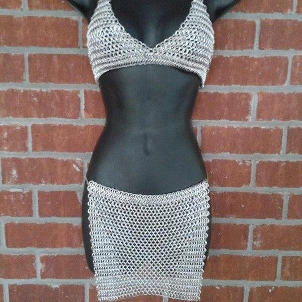Handmade Chainmail/Chainmaille Custom Made, Made to Order Bikini Top and Square Barbarian Style Chainmail Skirt. Chainmail Outfit