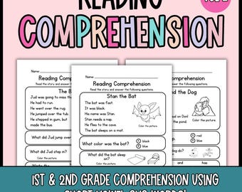 Reading Comprehension Worksheets: CVC Words, Short Vowels - Grade 1-2 (Digital Download)