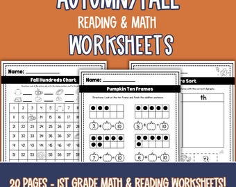 Fall Math & Literacy Worksheets: 1st Grade Autumn Activities (20 Pages)