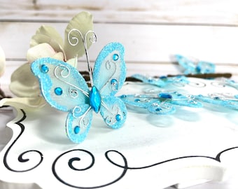 12 Light Blue Nylon Butterflies scrap booking card embellishments baby shower bridal shower weddings