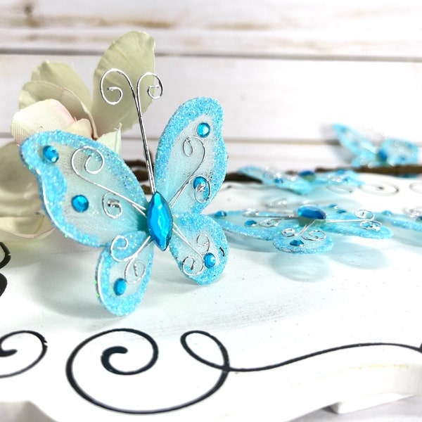 12 Light Blue Nylon Butterflies scrap booking card embellishments baby shower bridal shower weddings