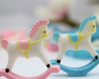 Mini Rocking Horse Decorations, Pink or Blue Baby Shower Favors,   Gender Reveal and Diaper Cake Embellishments, (12 per pack)
