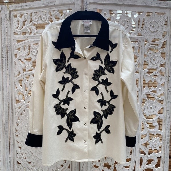 Black and white floral appliqué victor costa jacket / vintage velvet appliqué top / delicate and beautiful black and white retro western top