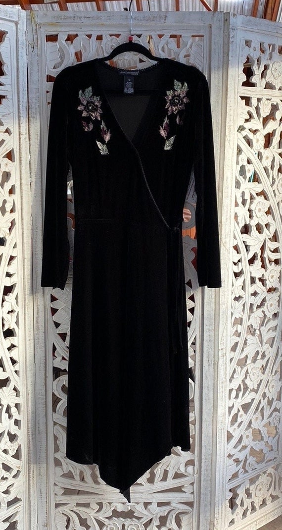 Beautiful embroidered long black floral wrap dress