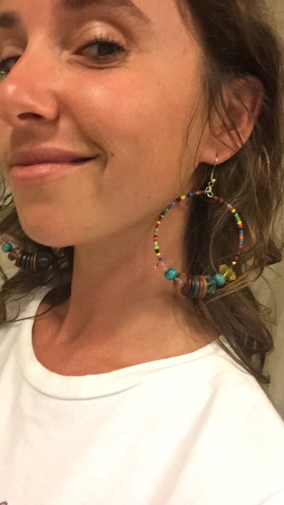 Colorful Boho Beaded Hoop Earrings - Statement Jew