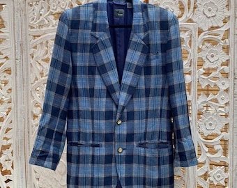 Vintage 80s preppy blue plaid lightweight linen jacket -men’s plaid wedding coat