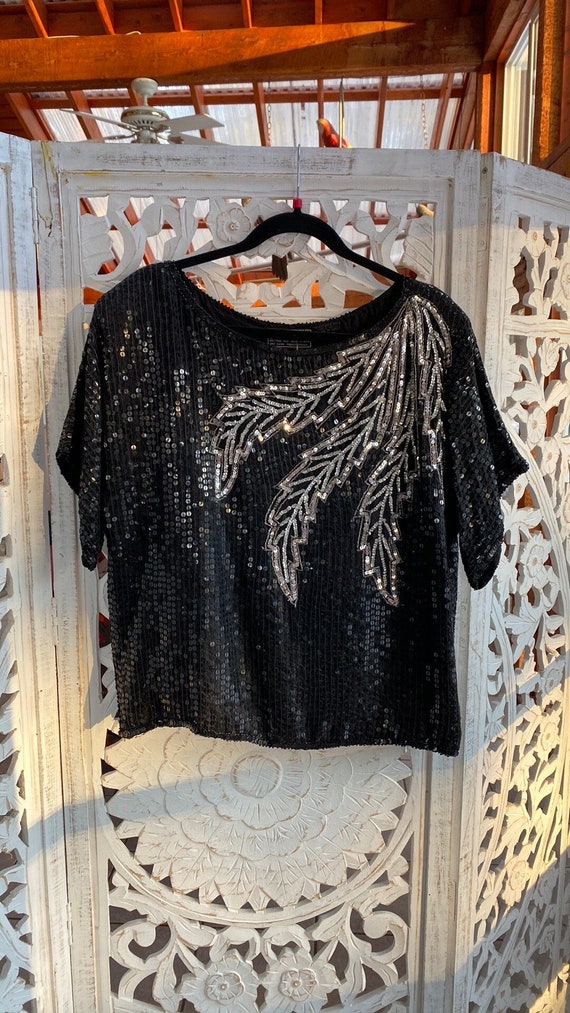 80s retro vintage black silver all over sequin hol