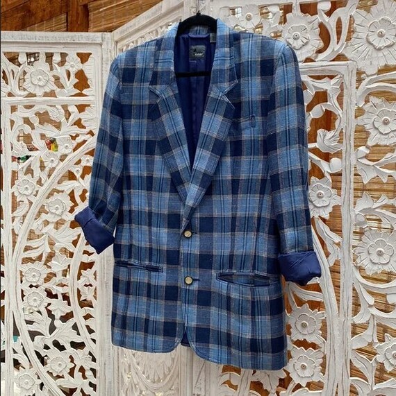 Vintage 80s preppy blue plaid lightweight linen j… - image 4